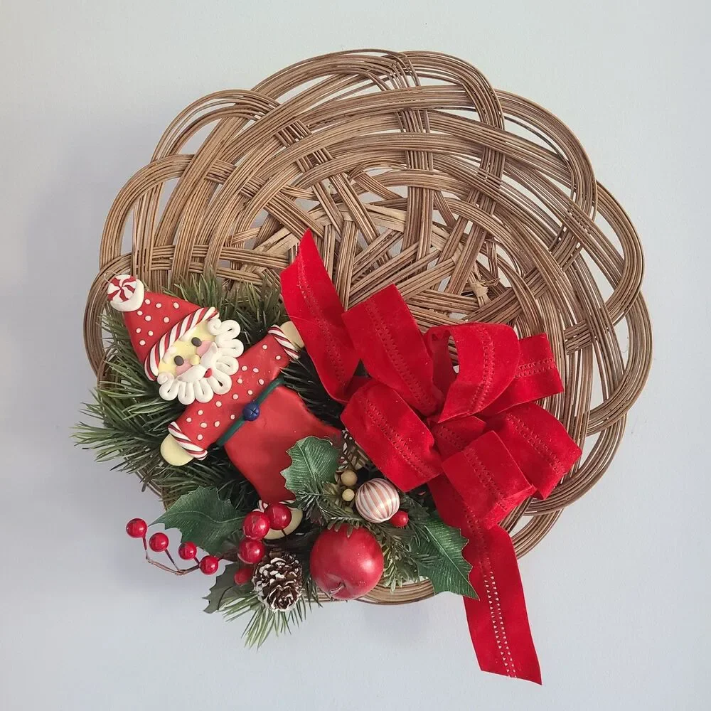 Vintage Wicker Christmas Wreath Wall Hanging With Clay Santa + Greenery + Ribbon